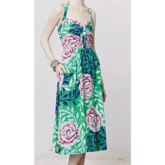 ANTHROPOLOGIE MOULINETTE SOEURS Rosamund Midi Silk Halter Dress Women's Size 0 - Picture 1 of 12